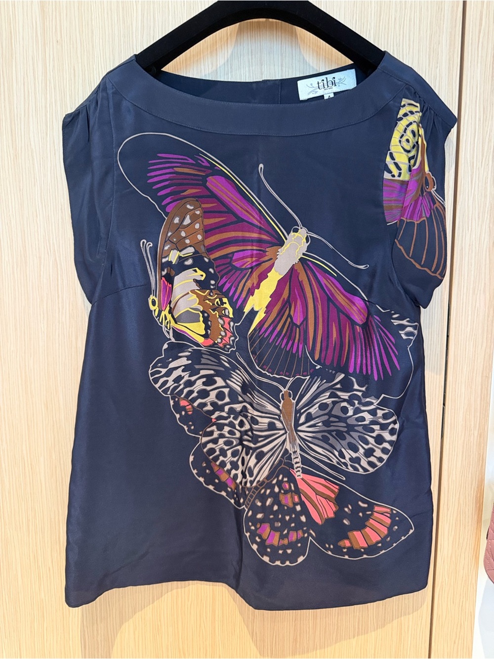 Tibi Navy Silk Butterfly Print Cap-Sleeve Top with Purple and Yellow Accents
